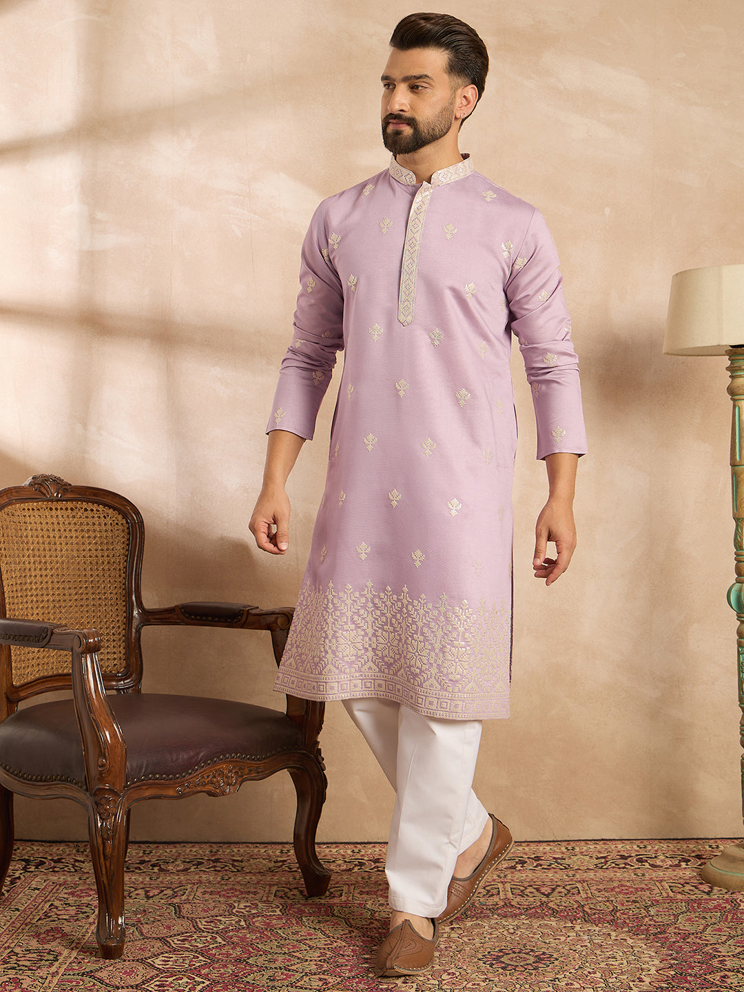 Men Lavender Polyester Solid Embroidered Straight Kurta Sets-MKSET1753