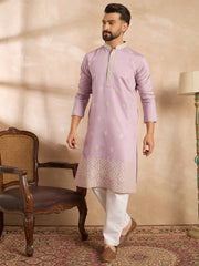 Men Lavender Polyester Solid Embroidered Straight Kurta Sets-MKSET1753