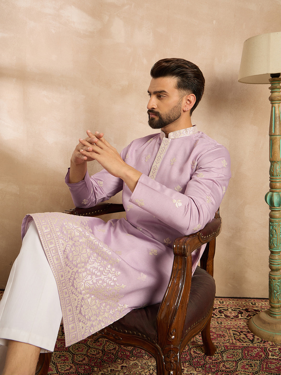 Men Lavender Polyester Solid Embroidered Straight Kurta Sets-MKSET1753