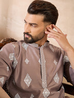 Men Beige Silk Blend Solid Embroidered Straight Kurta Sets-MKSET1776