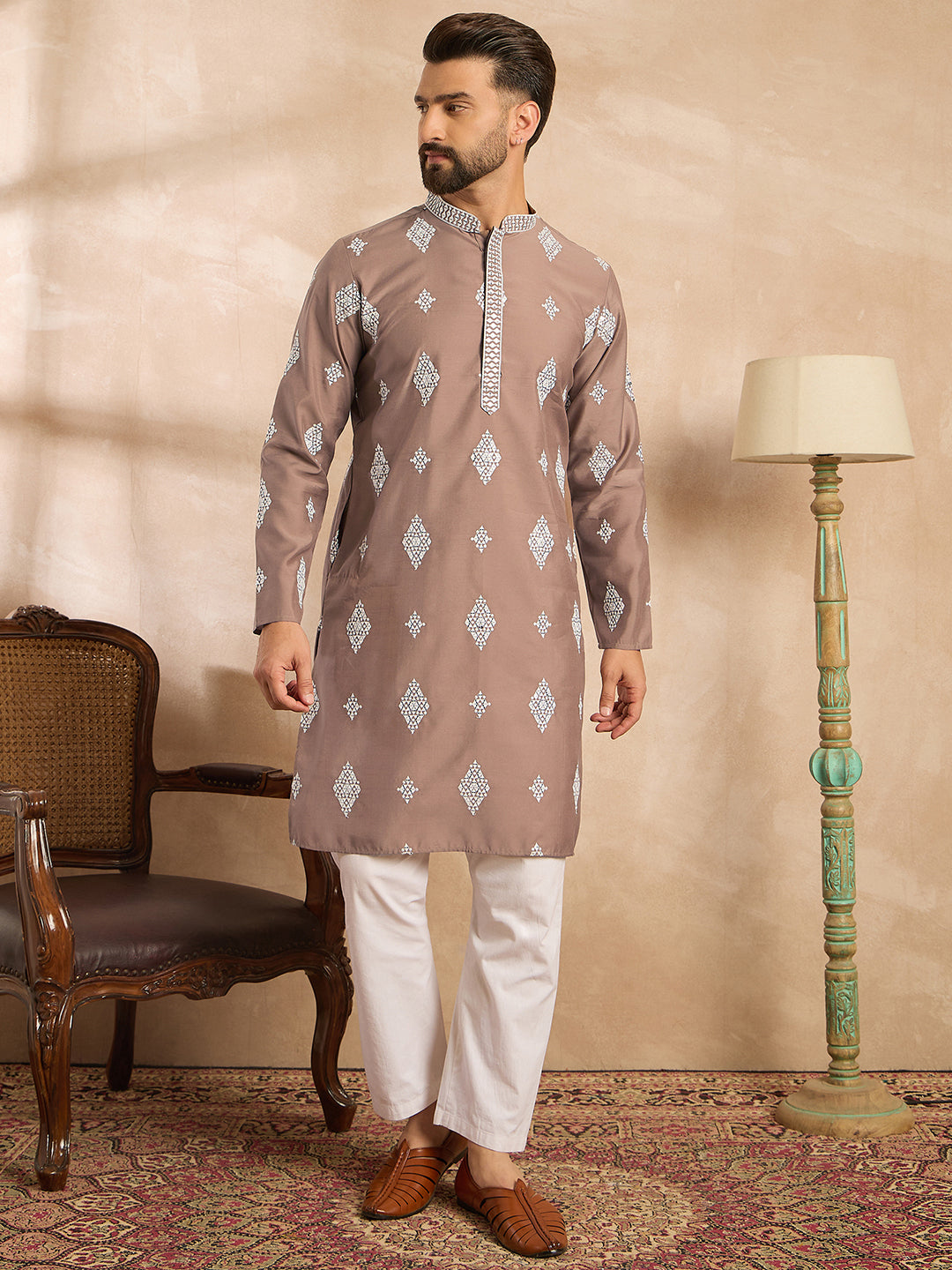 Men Beige Silk Blend Solid Embroidered Straight Kurta Sets-MKSET1776