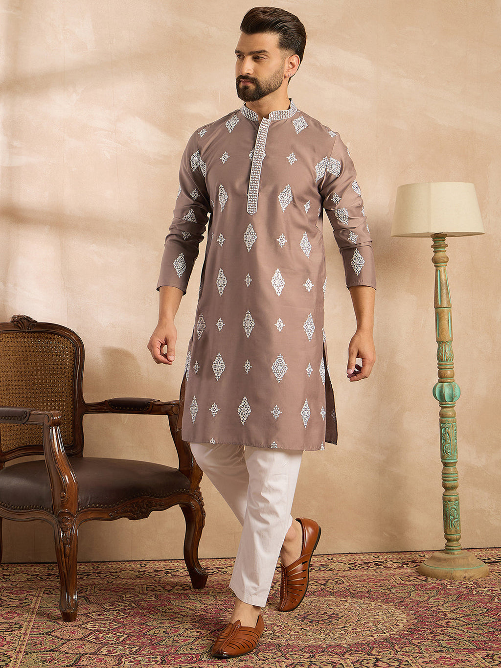 Men Beige Silk Blend Solid Embroidered Straight Kurta Sets-MKSET1776