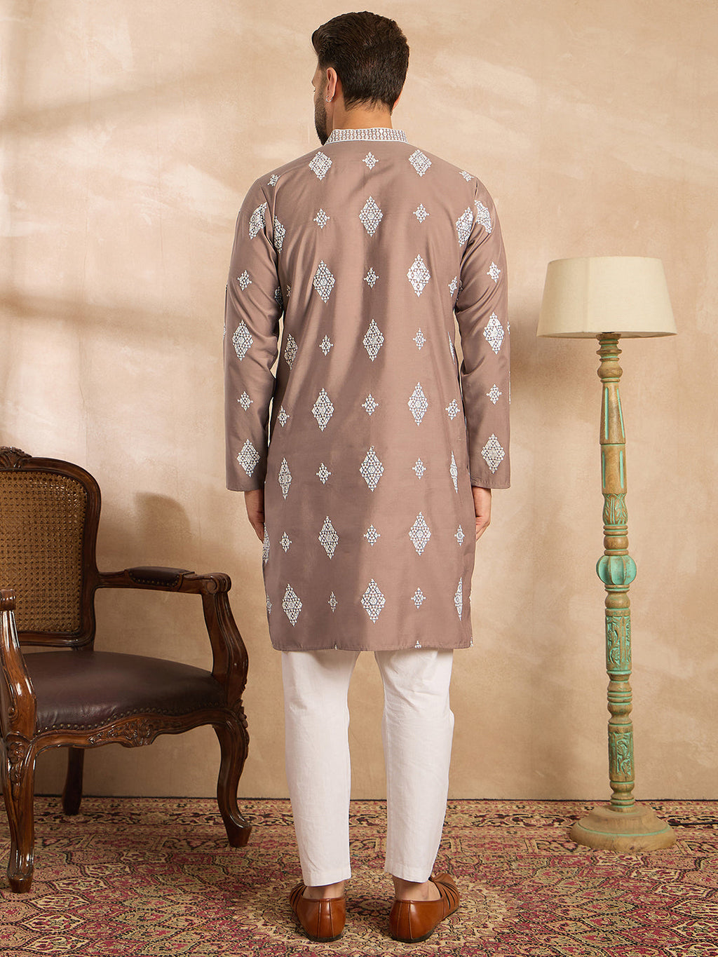 Men Beige Silk Blend Solid Embroidered Straight Kurta Sets-MKSET1776
