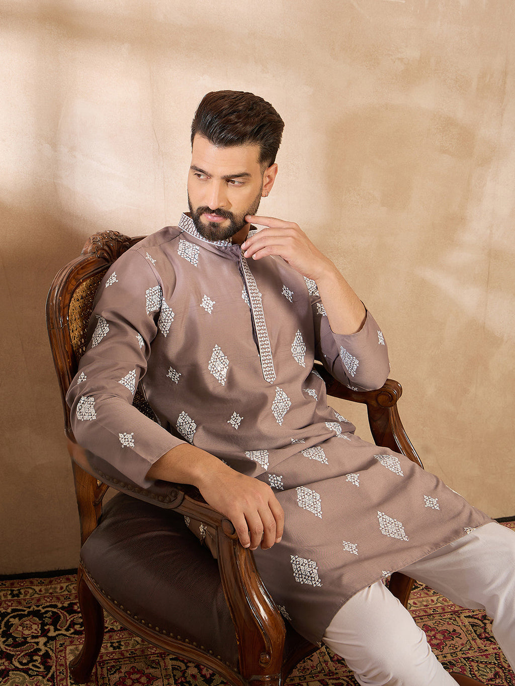 Men Beige Silk Blend Solid Embroidered Straight Kurta Sets-MKSET1776