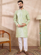 Men Green Silk Blend Solid Embroidered Straight Kurta With Trouser-MKSET1777