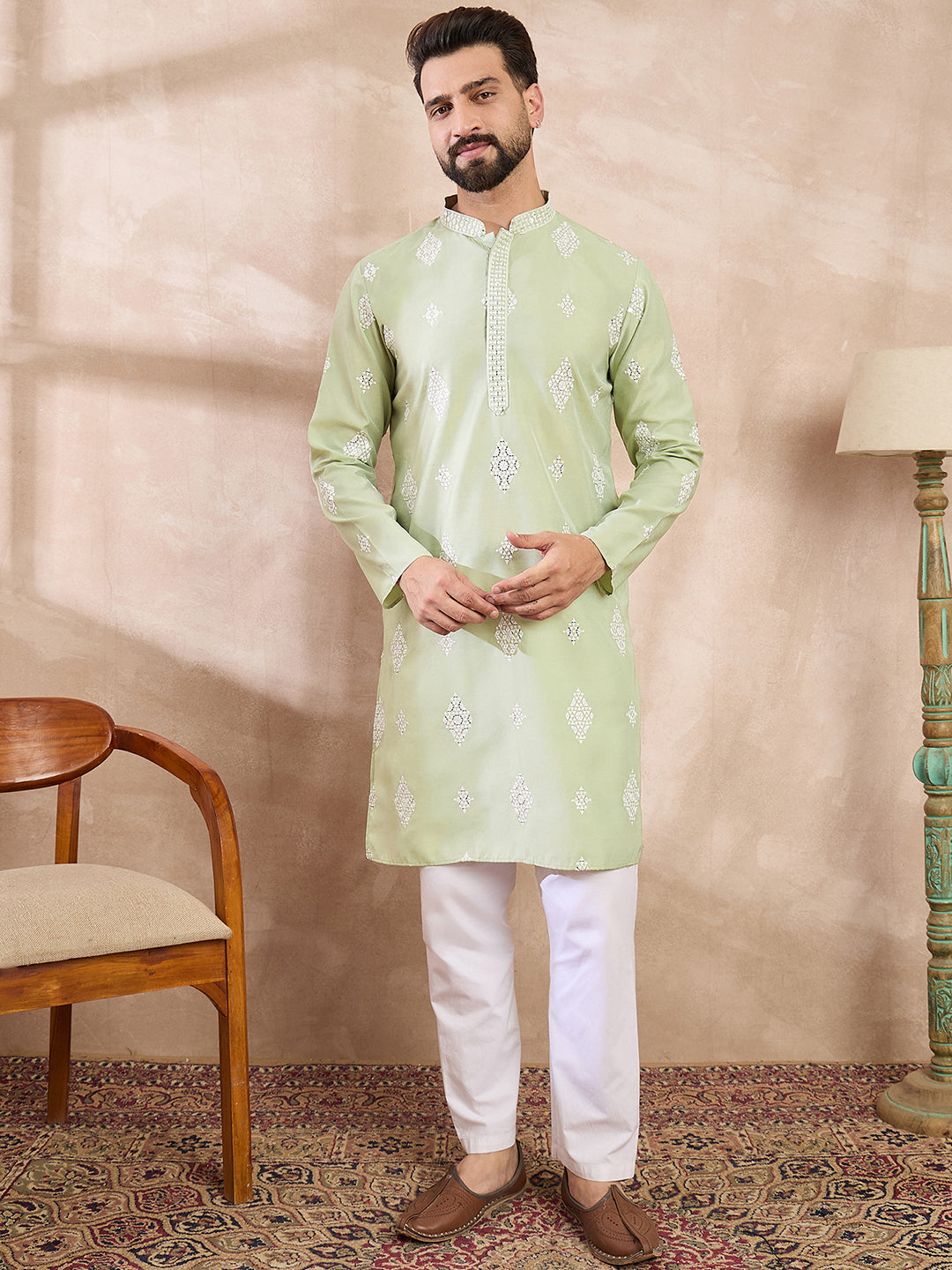 Men Green Silk Blend Solid Embroidered Straight Kurta With Trouser-MKSET1777
