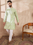Men Green Silk Blend Solid Embroidered Straight Kurta With Trouser-MKSET1777
