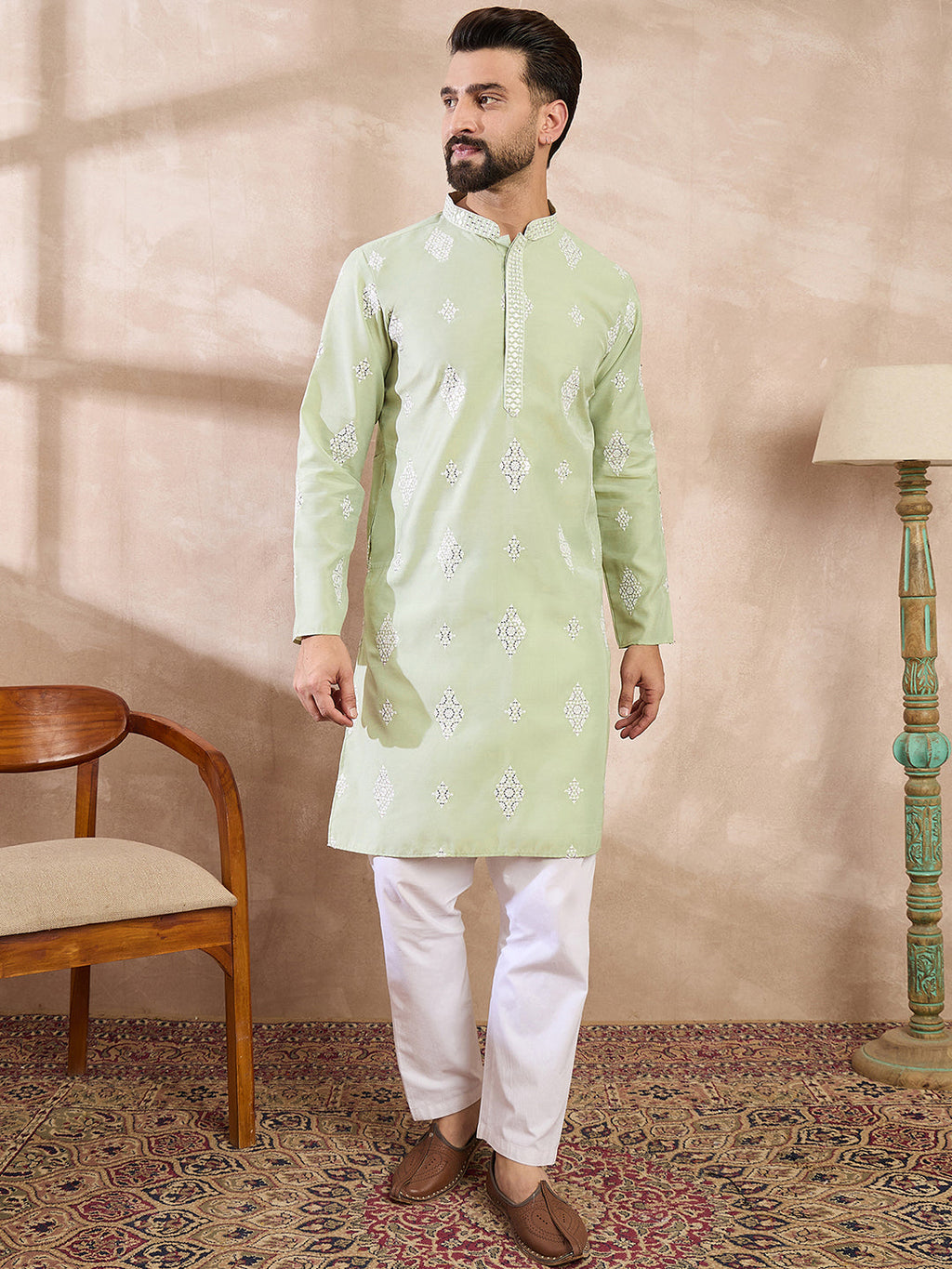 Men Green Silk Blend Solid Embroidered Straight Kurta With Trouser-MKSET1777