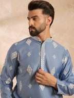 Men Blue Silk Blend Solid Embroidered Straight Kurta Sets-MKSET1778