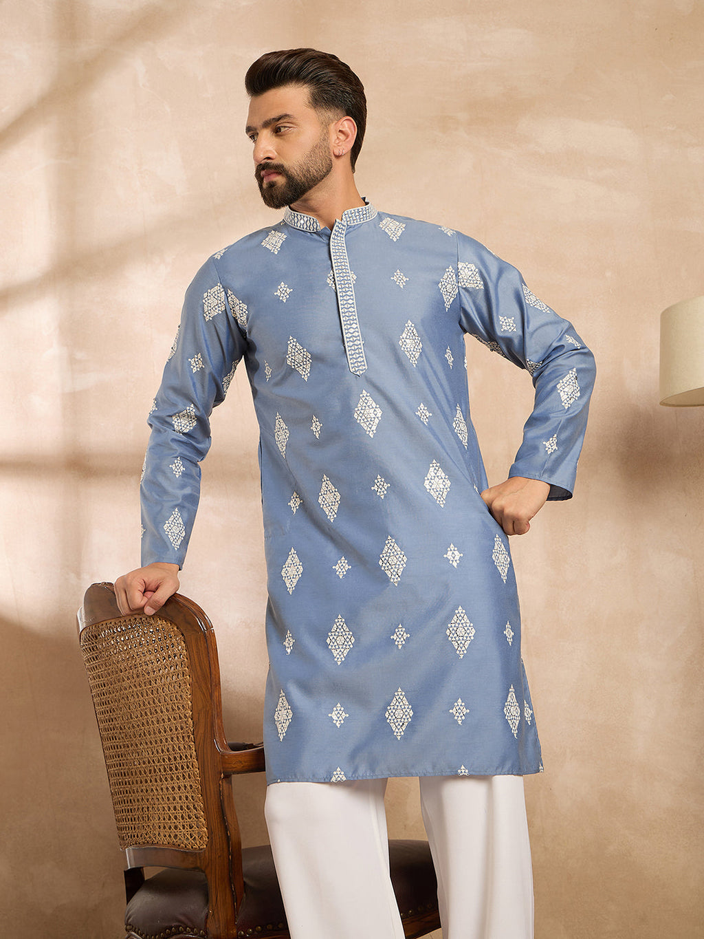Men Blue Silk Blend Solid Embroidered Straight Kurta Sets-MKSET1778