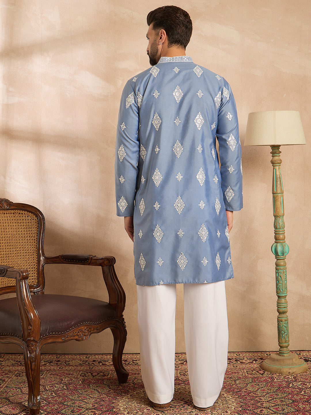 Men Blue Silk Blend Solid Embroidered Straight Kurta Sets-MKSET1778