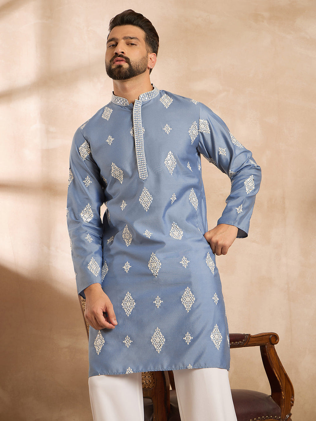 Men Blue Silk Blend Solid Embroidered Straight Kurta Sets-MKSET1778