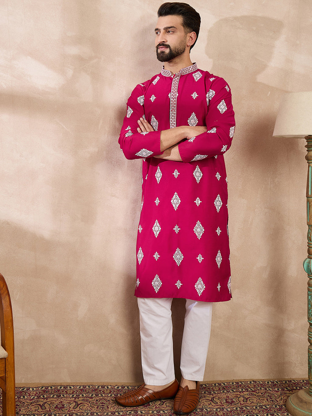 Men Maroon Silk Blend Solid Embroidered Straight Kurta With Trouser-MKSET1779