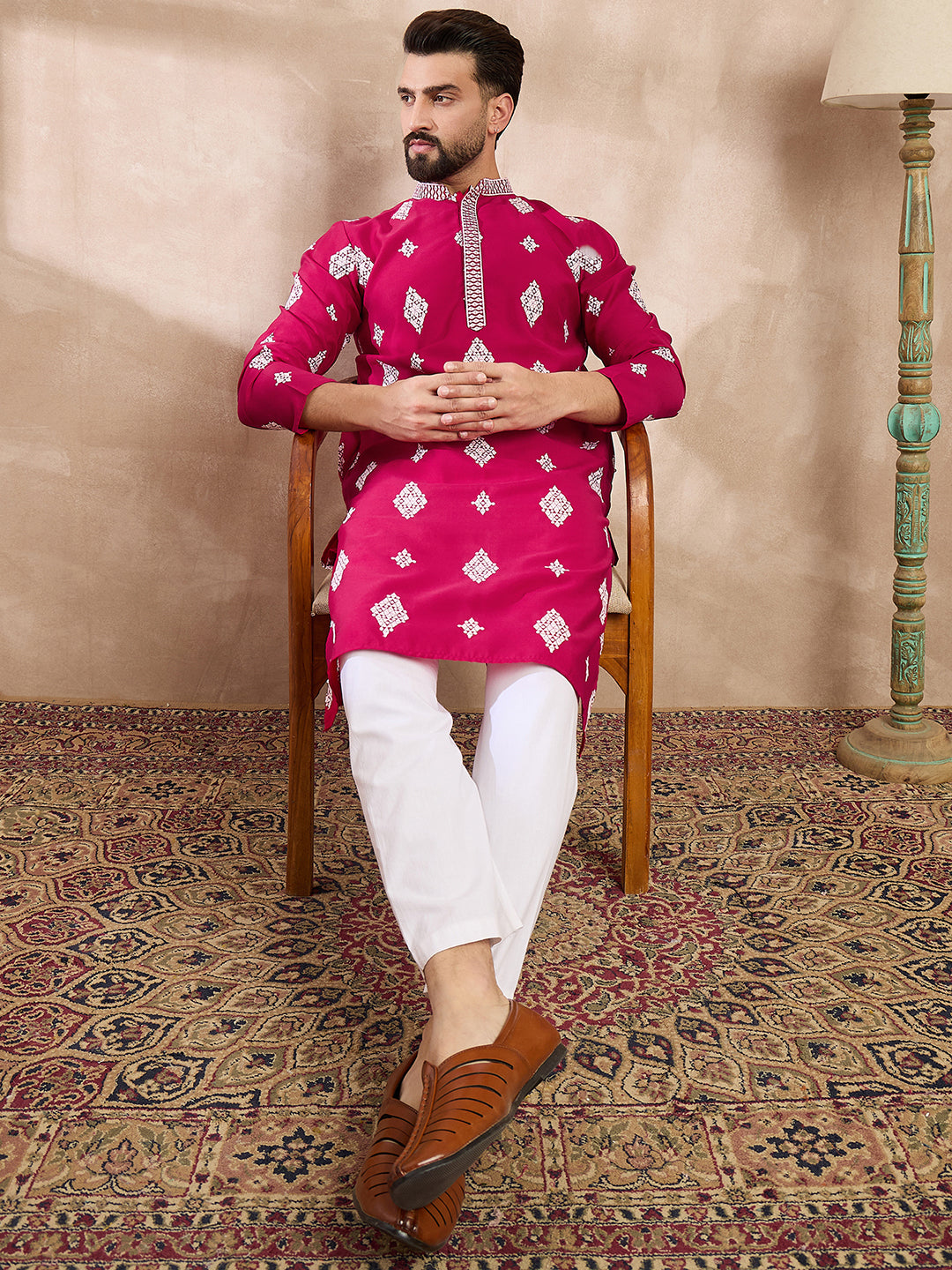 Men Maroon Silk Blend Solid Embroidered Straight Kurta With Trouser-MKSET1779