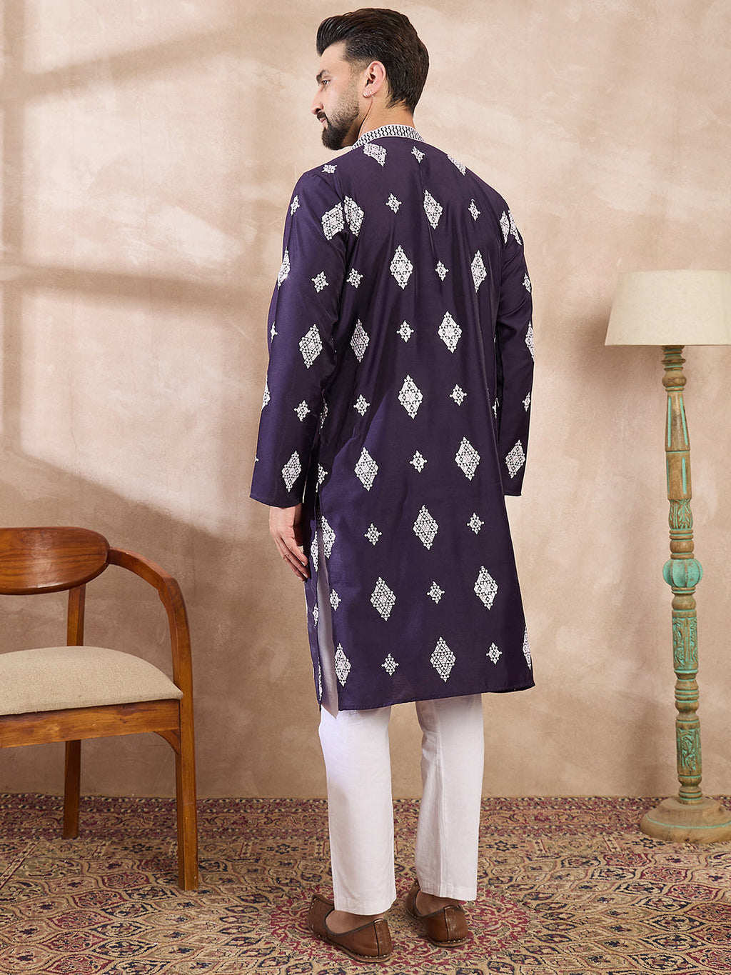 Men Purple Silk Blend Solid Embroidered Straight Kurta With Trouser-MKSET1780
