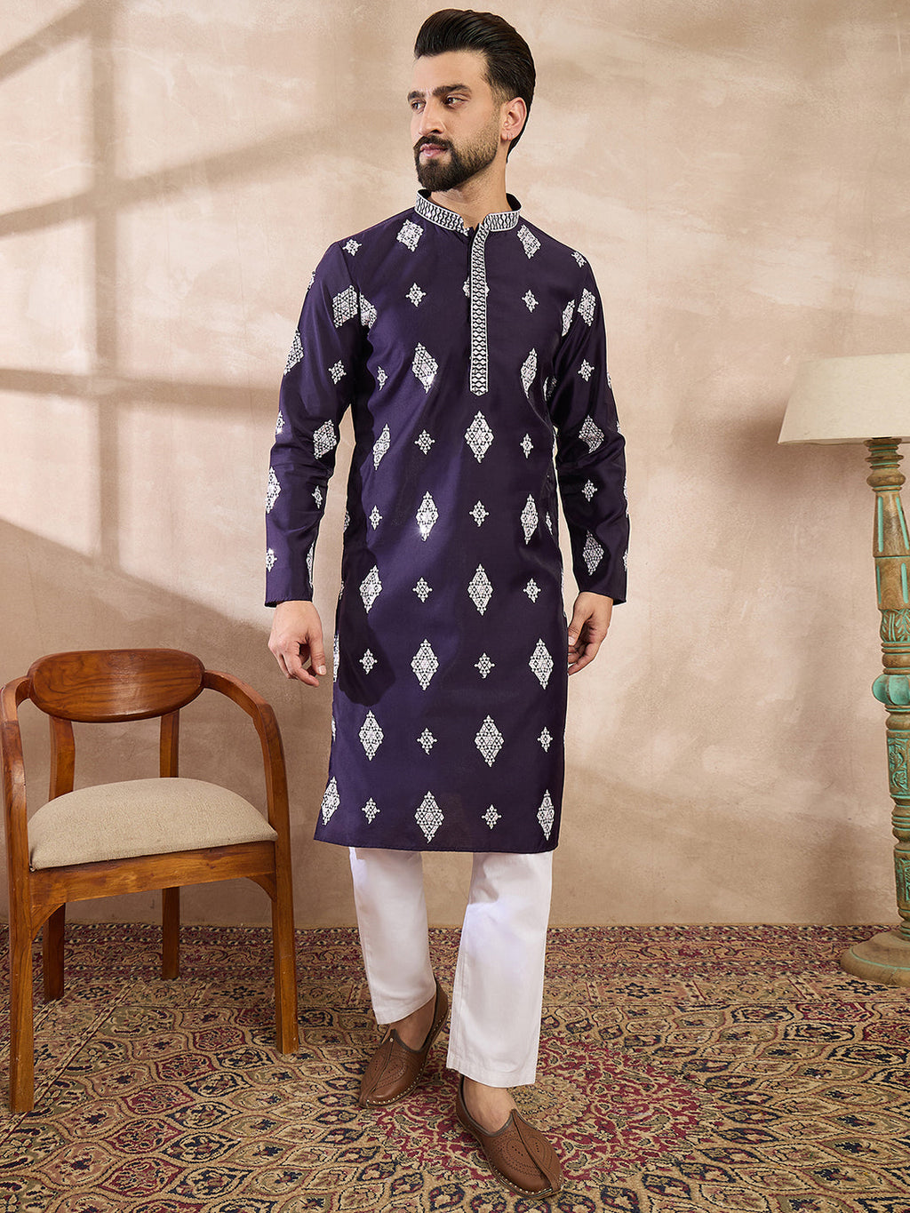 Men Purple Silk Blend Solid Embroidered Straight Kurta With Trouser-MKSET1780