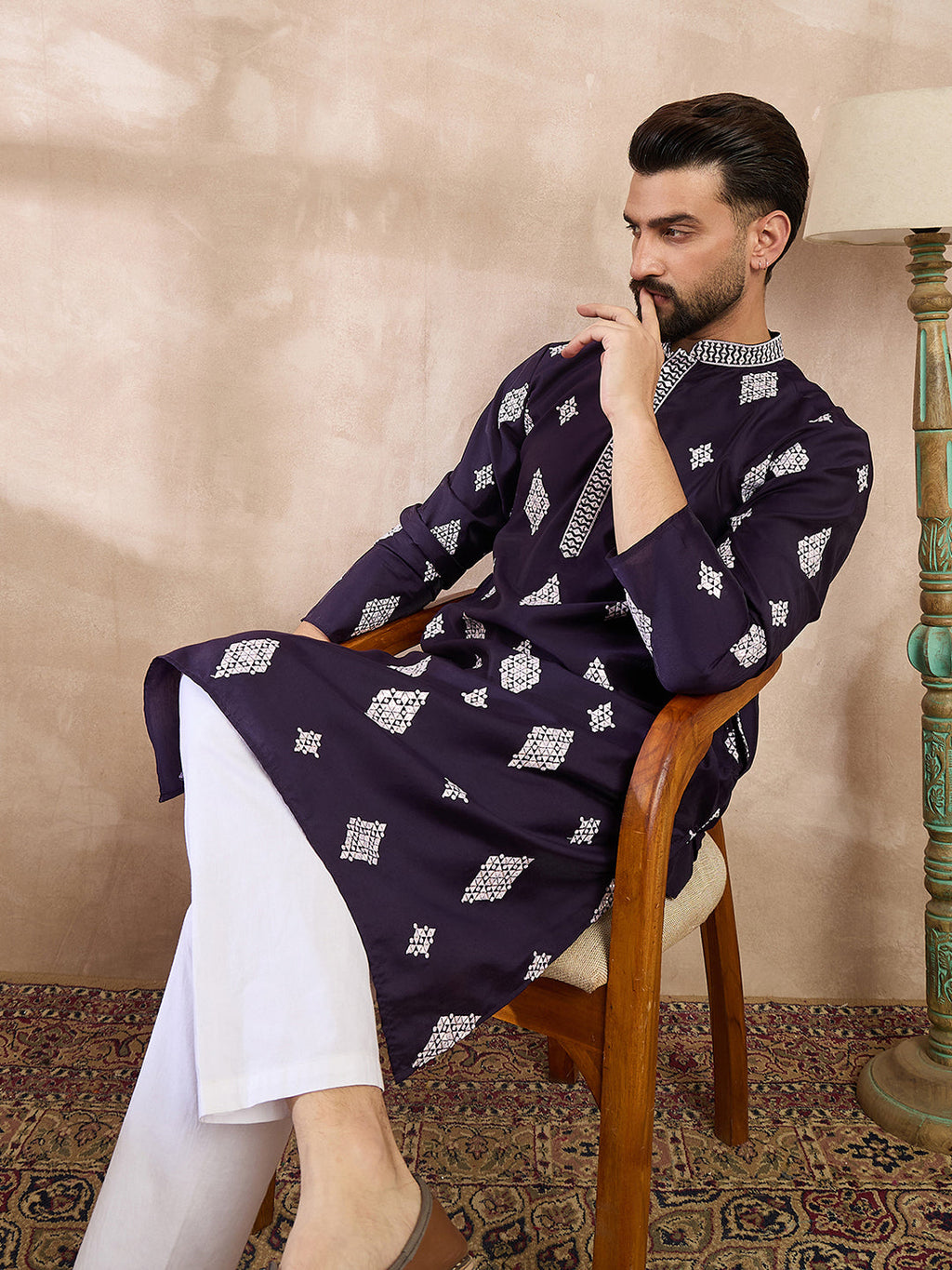 Men Purple Silk Blend Solid Embroidered Straight Kurta With Trouser-MKSET1780