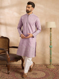 Men Lavender Silk Blend Floral Embroidered Straight Kurta Sets-MKSET1781