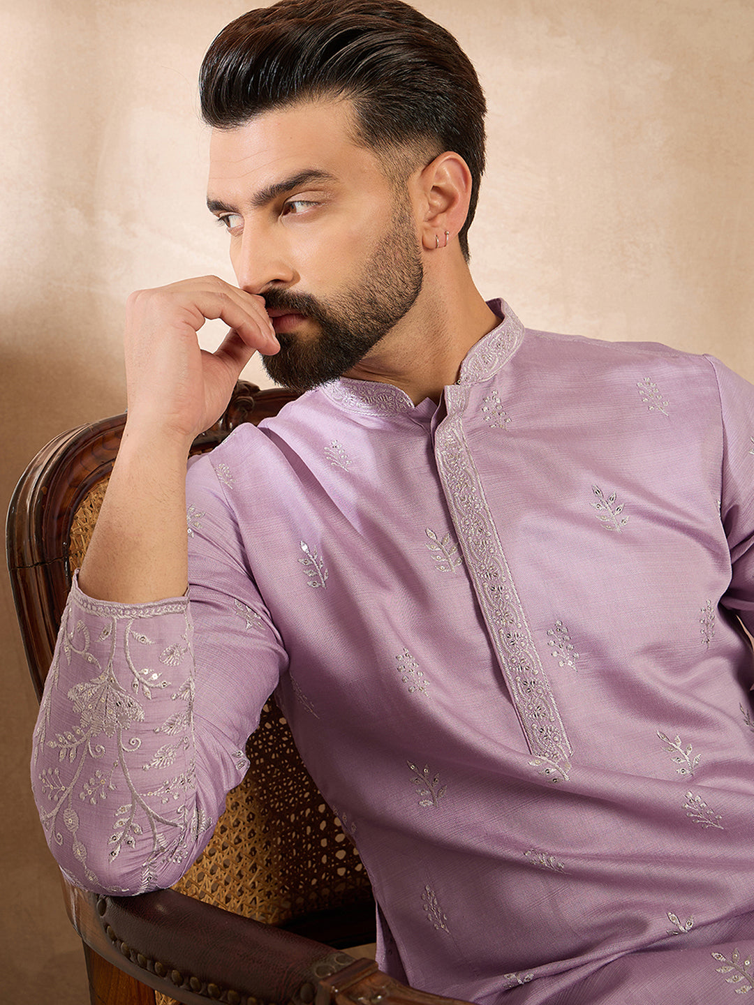 Men Lavender Silk Blend Floral Embroidered Straight Kurta Sets-MKSET1781