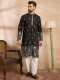 Men Black Silk Blend Solid Embroidered Straight Kurta Sets-MKSET1782