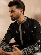 Men Black Silk Blend Solid Embroidered Straight Kurta Sets-MKSET1782