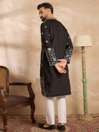 Men Black Silk Blend Solid Embroidered Straight Kurta Sets-MKSET1782