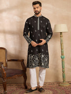 Men Black Silk Blend Solid Embroidered Straight Kurta Sets-MKSET1782