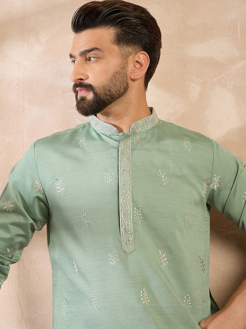 Men Green Silk Blend Solid Embroidered Straight Kurta Sets-MKSET1783