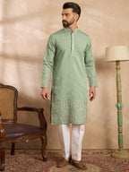 Men Green Silk Blend Solid Embroidered Straight Kurta Sets-MKSET1783