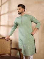 Men Green Silk Blend Solid Embroidered Straight Kurta Sets-MKSET1783