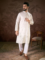 Men White Silk Blend Floral Embroidered Straight Kurta With Trouser-MKSET1784