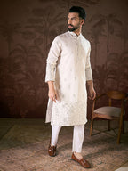 Men White Silk Blend Floral Embroidered Straight Kurta With Trouser-MKSET1784