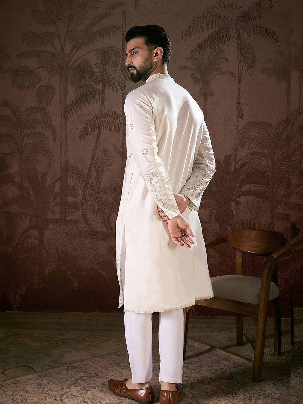 Men White Silk Blend Floral Embroidered Straight Kurta With Trouser-MKSET1784