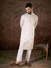 Men White Silk Blend Floral Embroidered Straight Kurta With Trouser-MKSET1784