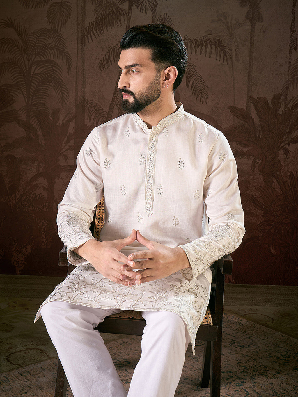 Men White Silk Blend Floral Embroidered Straight Kurta With Trouser-MKSET1784
