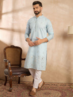 Men Blue Silk Blend Solid Embroidered Straight Kurta Sets-MKSET1785