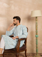 Men Blue Silk Blend Solid Embroidered Straight Kurta Sets-MKSET1785