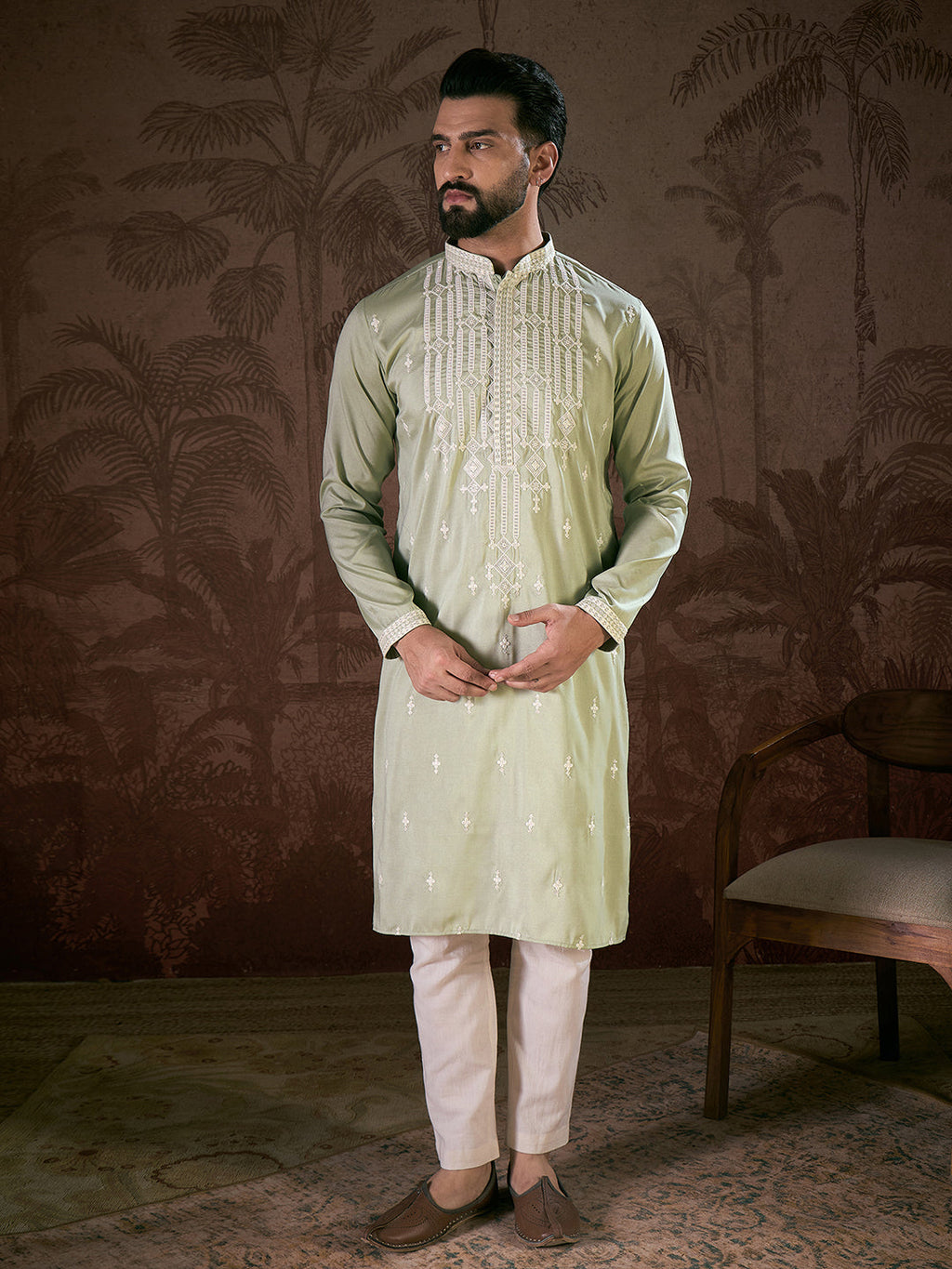 Men Green Silk Blend Solid Embroidered Straight Kurta With Trouser-MKSET1787