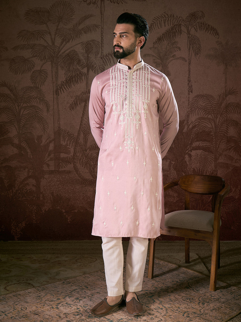 Men Pink Silk Blend Solid Embroidered Straight Kurta With Trouser-MKSET1788