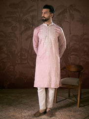 Men Pink Silk Blend Solid Embroidered Straight Kurta With Trouser-MKSET1788