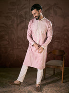Men Pink Silk Blend Solid Embroidered Straight Kurta With Trouser-MKSET1788
