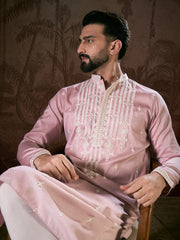 Men Pink Silk Blend Solid Embroidered Straight Kurta With Trouser-MKSET1788