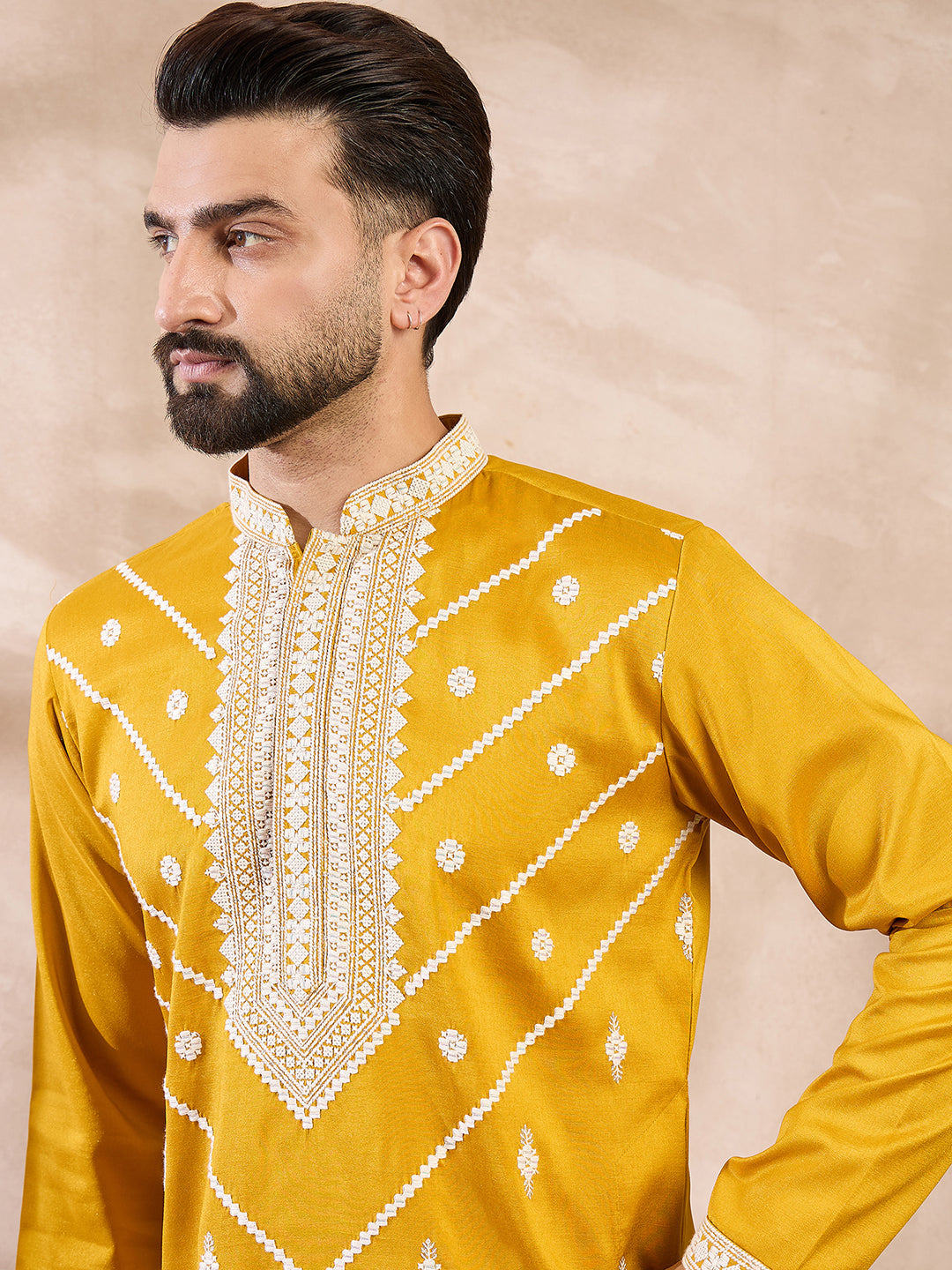 Men Yellow Silk Blend Ethnic Motifs Embroidered Straight Kurta With Trouser-MKSET1790