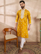 Men Yellow Silk Blend Ethnic Motifs Embroidered Straight Kurta With Trouser-MKSET1790