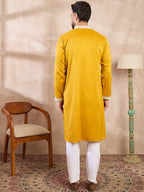 Men Yellow Silk Blend Ethnic Motifs Embroidered Straight Kurta With Trouser-MKSET1790