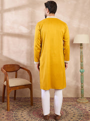 Men Yellow Silk Blend Ethnic Motifs Embroidered Straight Kurta With Trouser-MKSET1790