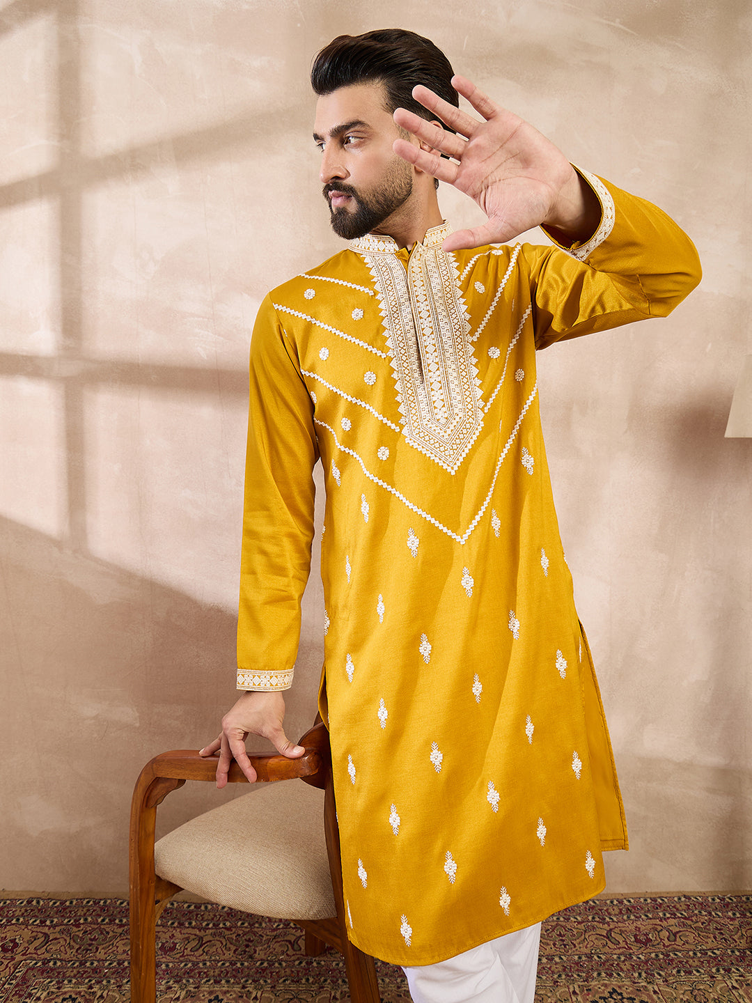 Men Yellow Silk Blend Ethnic Motifs Embroidered Straight Kurta With Trouser-MKSET1790