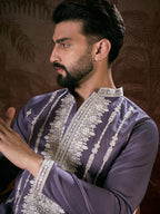 Men Lavender Silk Blend Solid Embroidered Straight Kurta With Trouser-MKSET1792