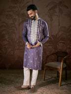 Men Lavender Silk Blend Solid Embroidered Straight Kurta With Trouser-MKSET1792