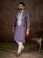 Men Lavender Silk Blend Solid Embroidered Straight Kurta With Trouser-MKSET1792